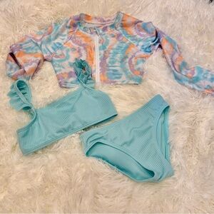 wonder nation Aqua Ribbed Bikini Set with Pastel Tie-Dye Rash Guard